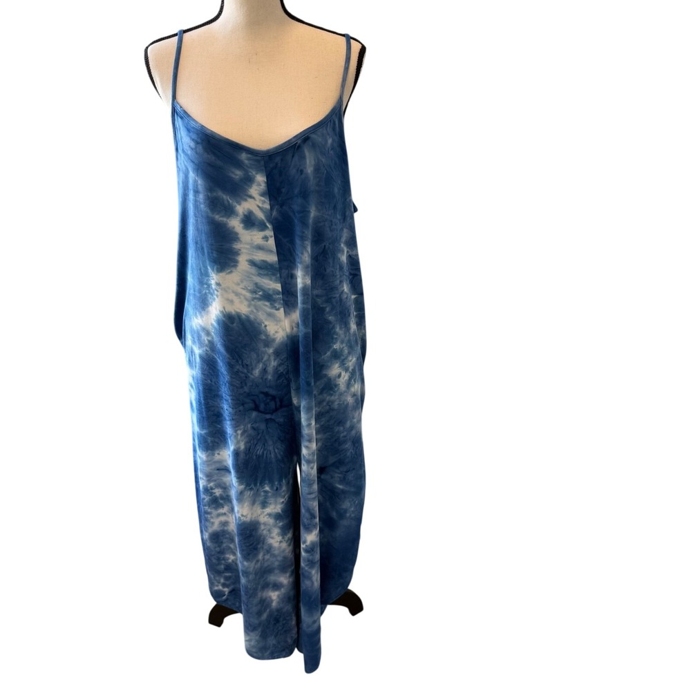 J Valdi Jumpsuit Women Medium Blue Tie Dye Excellent Wide Leg Boho Pockets